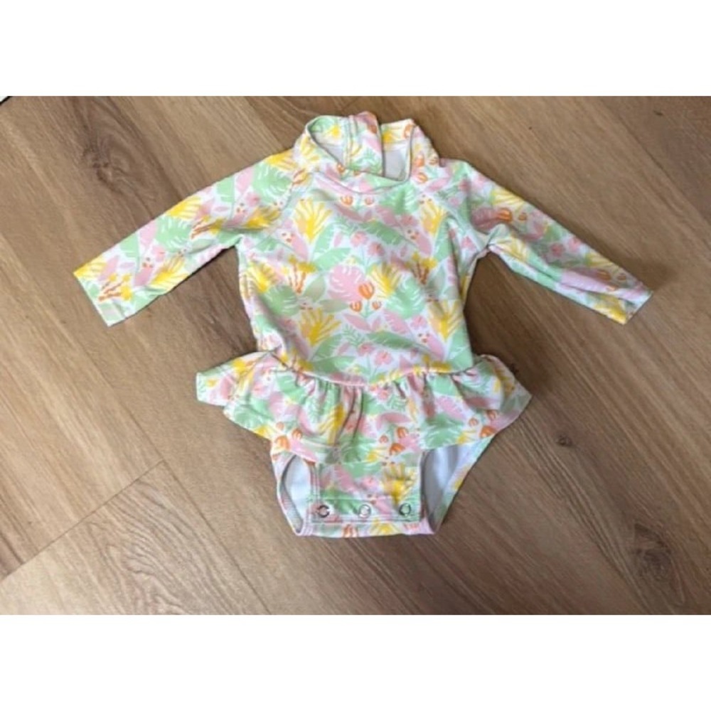 Stitchy Fish Girls Floral Long Sleeve Rash Guard Swimsuit Ruffle Snap Bottom